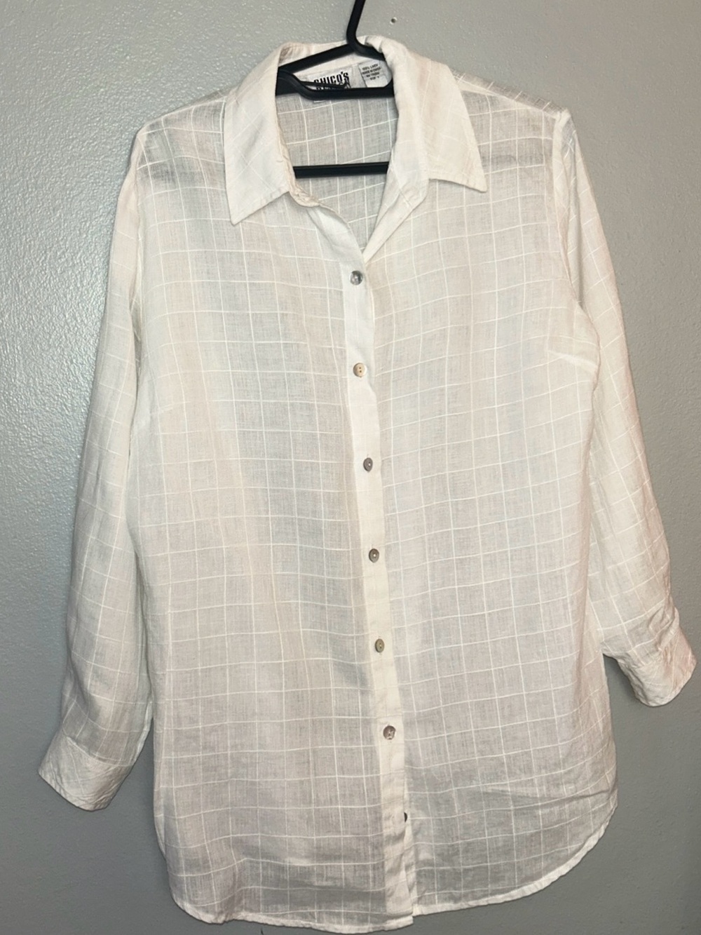Chico's Linen Windowpane White Button Up Shirt Sz 1 (M) Coastal Beach Casual
